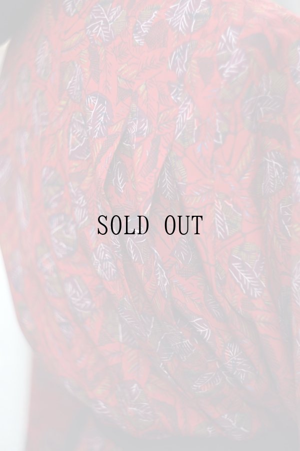 画像10: "World" 赤 リーフ柄 長袖 レトロワンピース マオカラー[19576]