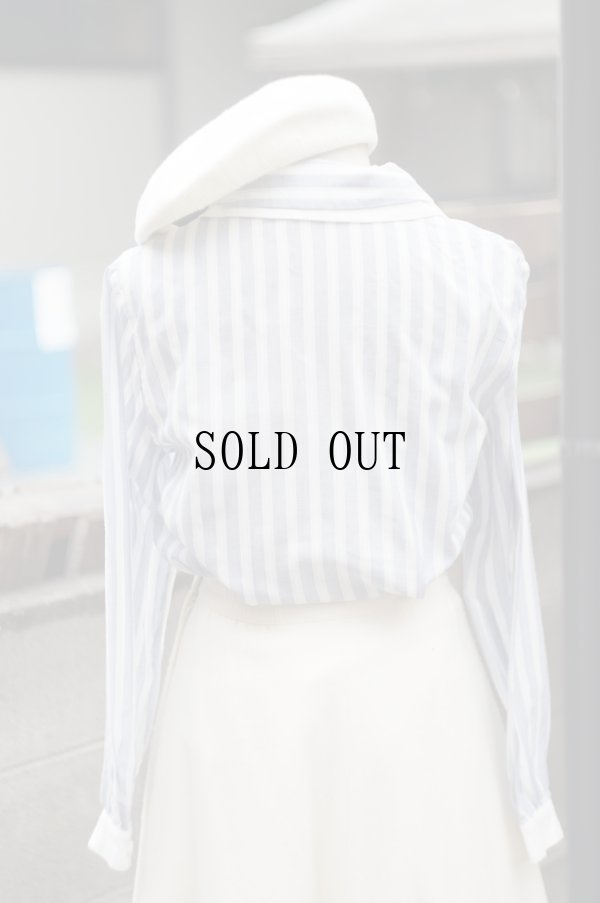 画像3: "Lepia Elegance" ブルー×白 ストライプ柄 長袖 ブラウス ボウタイカラー[19594]