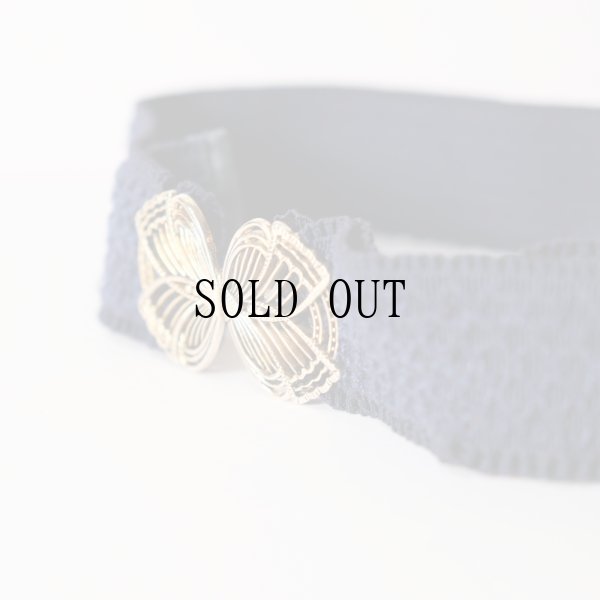 画像3: ネイビー  ゴールド 金具 ゴム フリル アンティークベルト[19623]