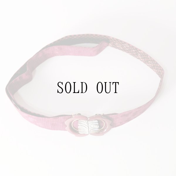 画像6: レトロ格子柄 赤系 お花モチーフ アンティークベルト[19632]