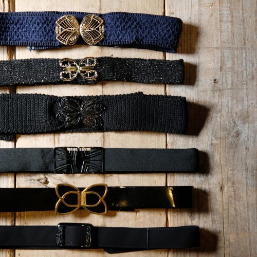 他の写真1: ネイビー  ゴールド 金具 ゴム フリル アンティークベルト[19623]