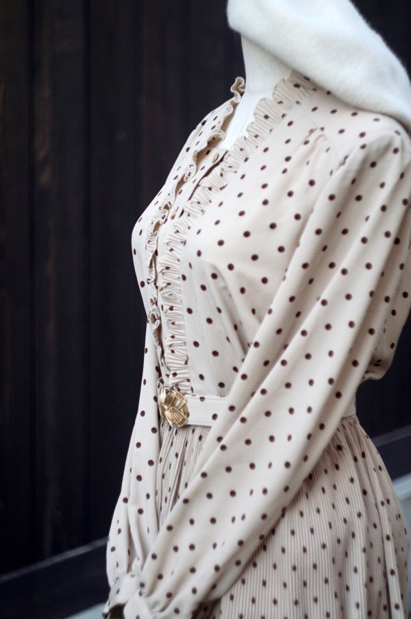 画像7: ドット柄 長袖 レトロワンピース フリルカラー[19680]