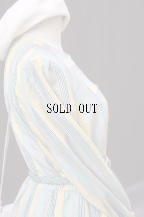 画像9: "Tokyo style" グリーン×イエロー ストライプ柄 長袖 レトロワンピース ノーカラー パフスリーブ[19686]