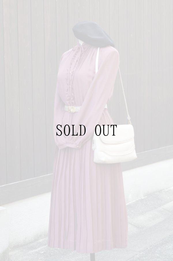 画像1: "Kawai" ピンク 無地 長袖 レトロワンピース 1スタンドカラー フリル プリーツスカート[19687]