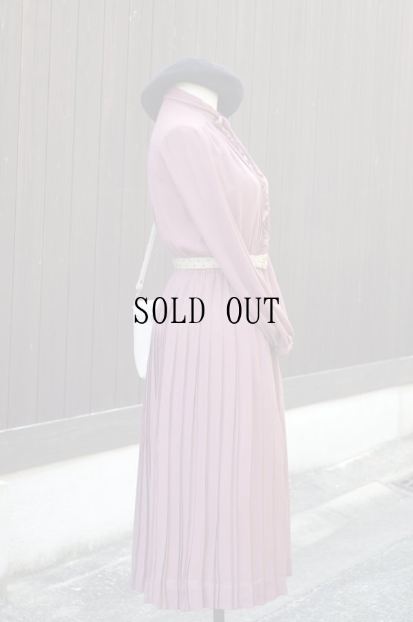 画像4: "Kawai" ピンク 無地 長袖 レトロワンピース 1スタンドカラー フリル プリーツスカート[19687]