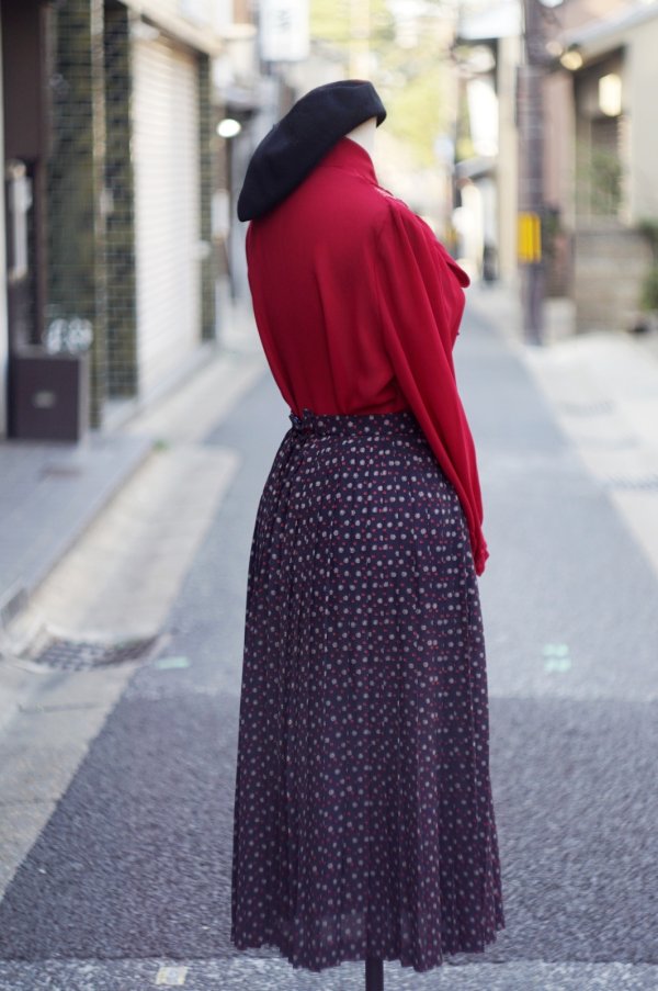 画像6: エスニック 花柄 黒×赤  スカート プリーツ/ｗ61cm[14292]