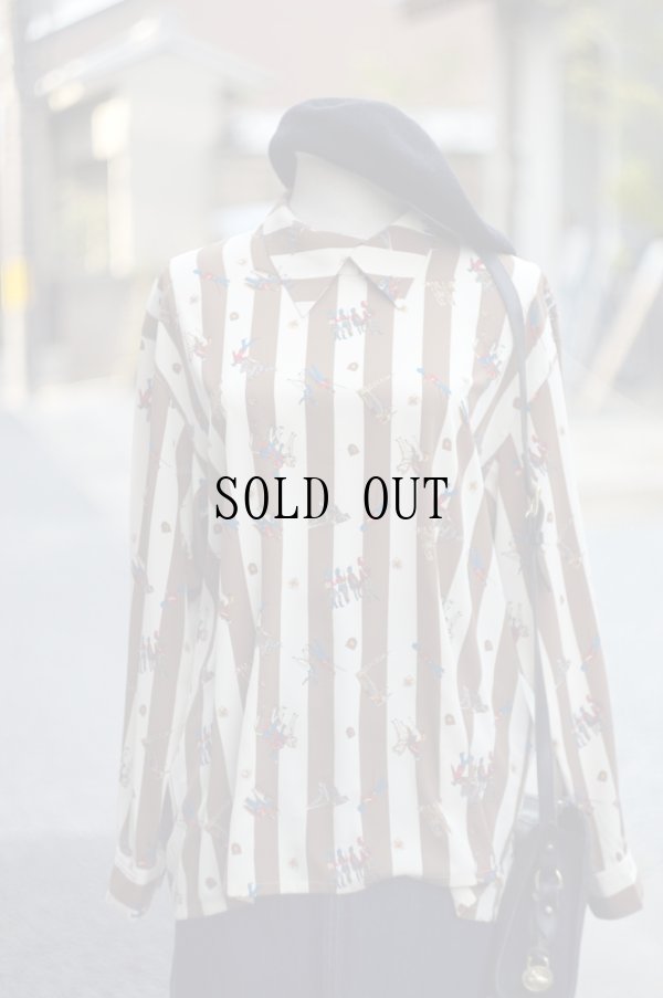 画像11: "Dejavu" ストライプ柄×ロンドン絵模様 タワーブリッジ 長袖 ブラウス ロールカラー[19716]