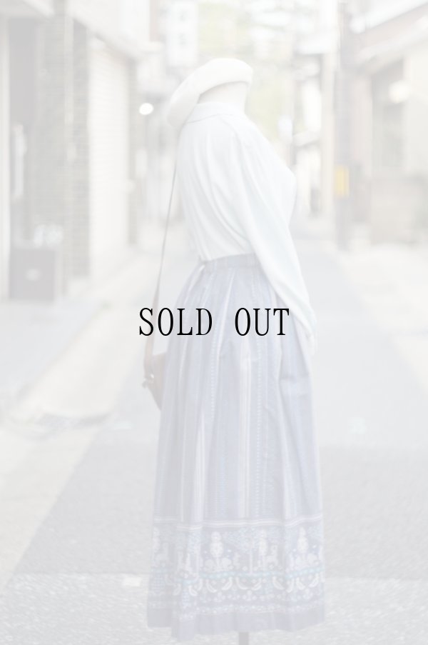 画像11: "susan bristol" US製 ブルー系 ストライプ メルヘン絵模様 コットン スカート フレア w68cm[19773]