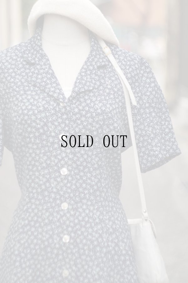 画像6: "Leslie Fay" US ネイビー系 花柄 半袖 レトロワンピース オープンカラー[19779]