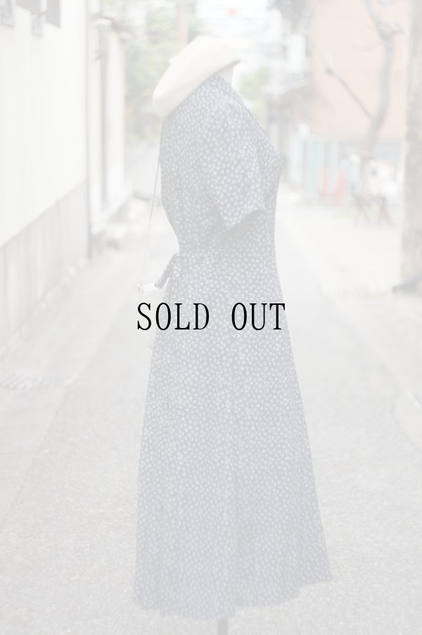 画像3: "Leslie Fay" US ネイビー系 花柄 半袖 レトロワンピース オープンカラー[19779]