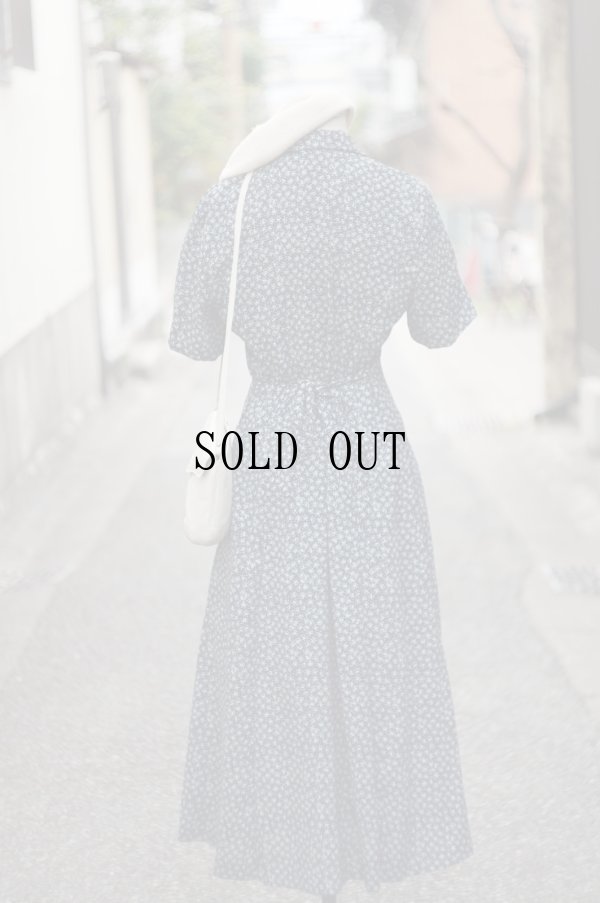 画像4: "Leslie Fay" US ネイビー系 花柄 半袖 レトロワンピース オープンカラー[19779]