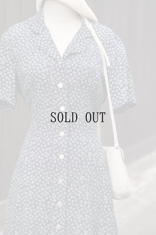 画像12: "Leslie Fay" US ネイビー系 花柄 半袖 レトロワンピース オープンカラー[19779]