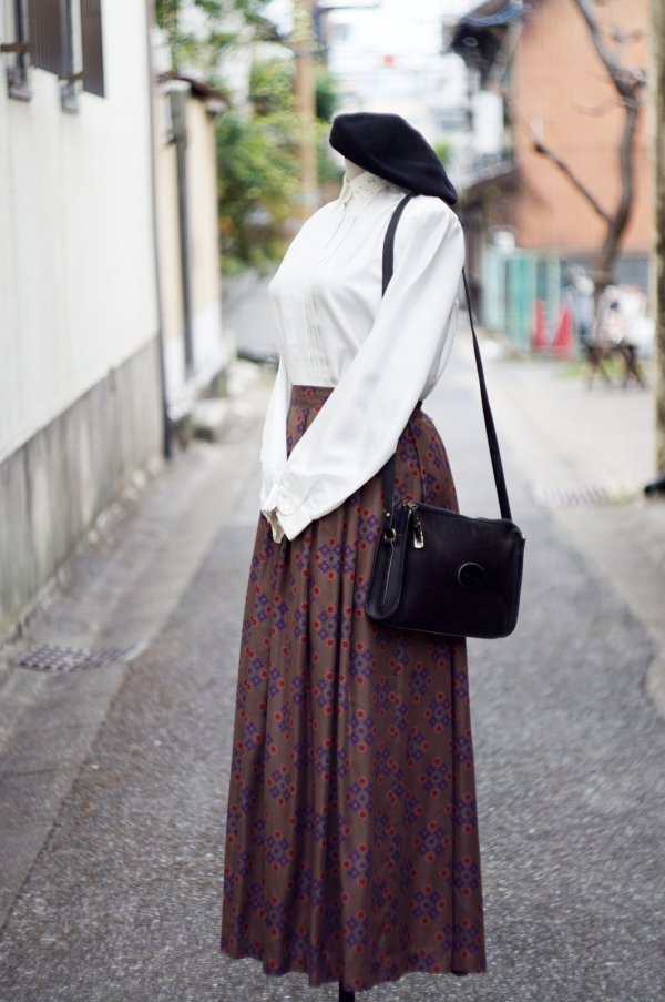 画像7: "sadlle club" US製 ブラウン系 オリエンタル花柄 レーヨン スカート フレア w67cm[19780]