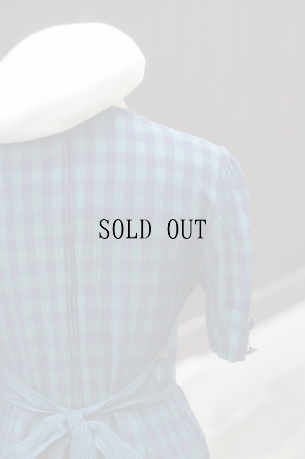 画像8: "J.B.S" US製 グリーン チェック柄 半袖 レトロワンピース ノーカラー ベスト付き[19793]