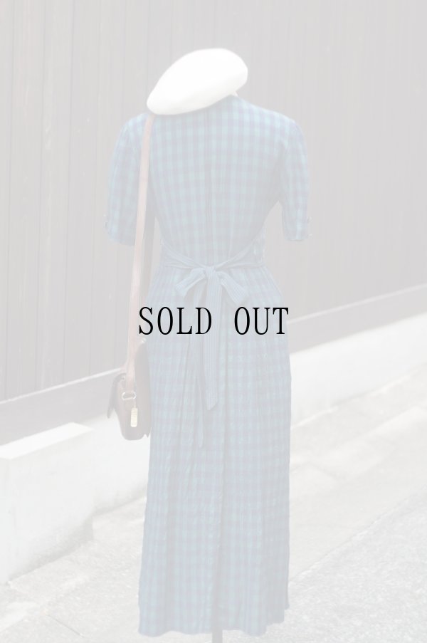 画像4: "J.B.S" US製 グリーン チェック柄 半袖 レトロワンピース ノーカラー ベスト付き[19793]