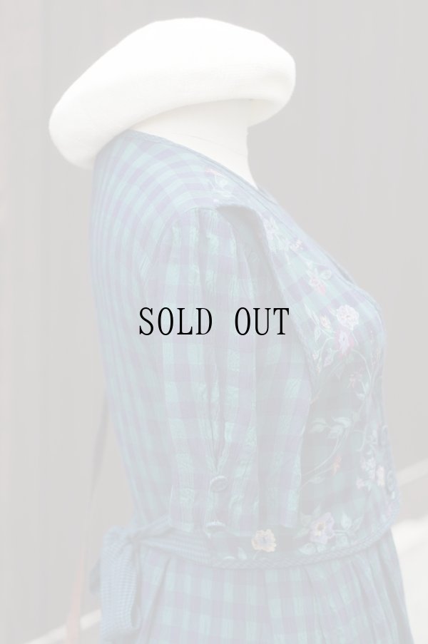 画像7: "J.B.S" US製 グリーン チェック柄 半袖 レトロワンピース ノーカラー ベスト付き[19793]