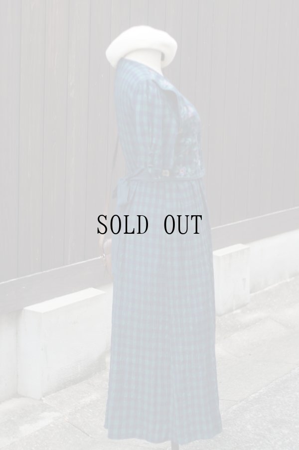 画像3: "J.B.S" US製 グリーン チェック柄 半袖 レトロワンピース ノーカラー ベスト付き[19793]