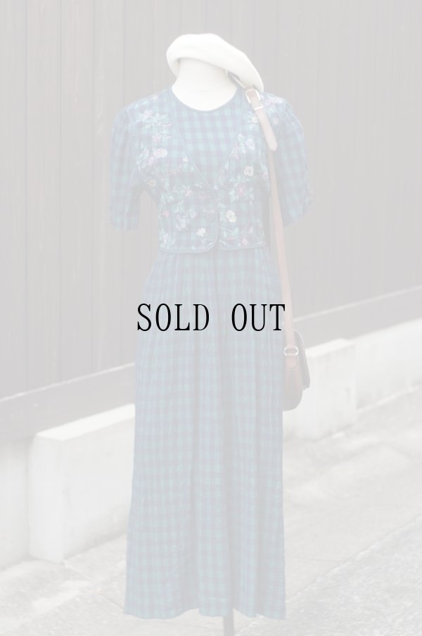 画像5: "J.B.S" US製 グリーン チェック柄 半袖 レトロワンピース ノーカラー ベスト付き[19793]