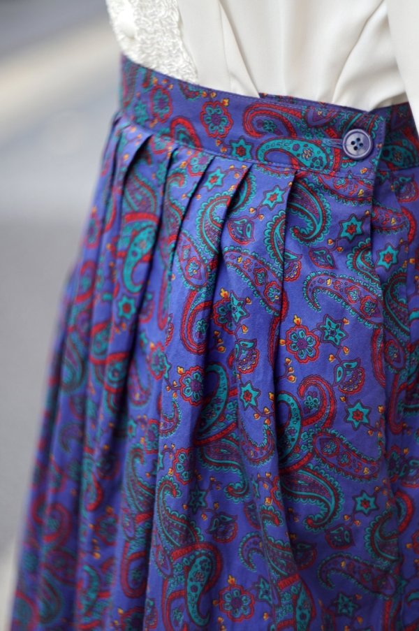 画像3: "Lynn&Co." US製 ブルー ペイズリー柄 コットン スカート ロング丈 フレア w60cm[19786]