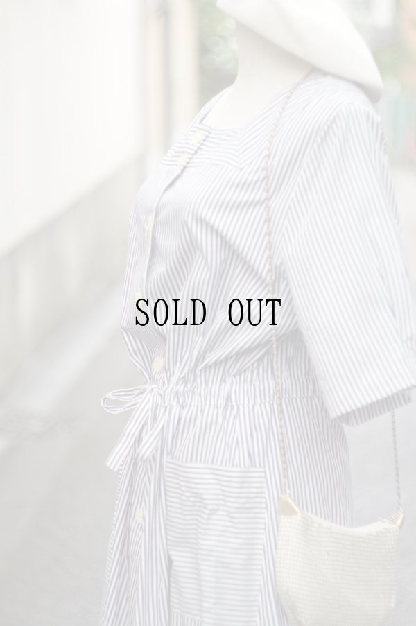 画像5: ストライプ柄 ブルー×白 半袖 レトロワンピース スクエアネック[19790]