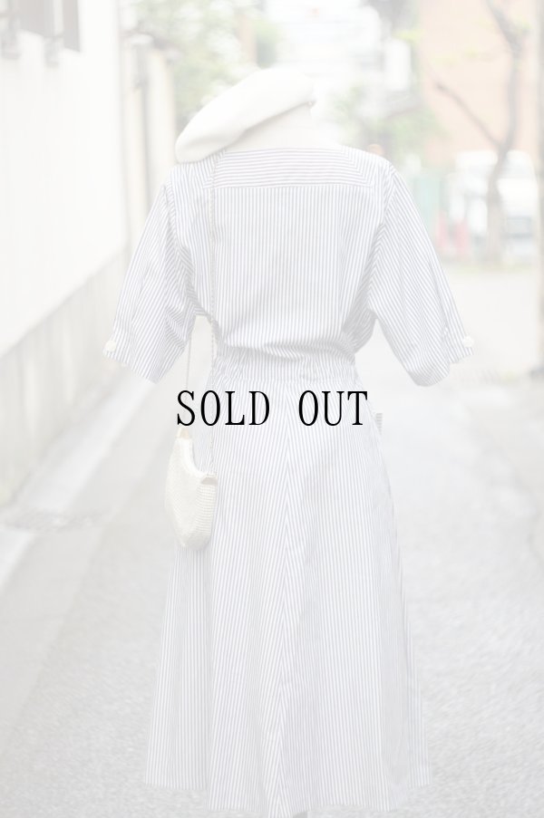 画像4: ストライプ柄 ブルー×白 半袖 レトロワンピース スクエアネック[19790]