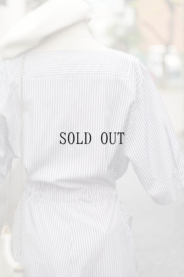 画像11: ストライプ柄 ブルー×白 半袖 レトロワンピース スクエアネック[19790]