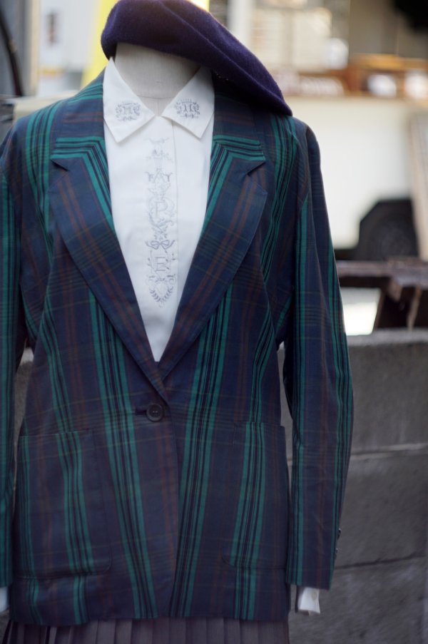 画像5: "Applause" グリーン系 チェック柄 コットン テーラード ジャケット[19797]