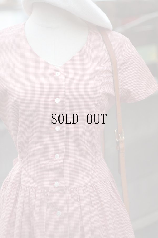 画像4: "ワールド" 赤×白 ギンガムチェック柄 コットン 半袖 レトロワンピース Vネック[19795]