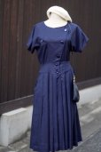 画像2: "LUCK" 無地 ネイビー 混麻 半袖 レトロワンピース ノーカラー  [13421] (2)