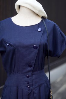 他の写真1: "LUCK" 無地 ネイビー 混麻 半袖 レトロワンピース ノーカラー  [13421]