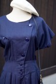 画像12: "LUCK" 無地 ネイビー 混麻 半袖 レトロワンピース ノーカラー  [13421]