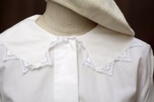 他の写真1: "Oscar de la Renta" 無地 白 長袖 コットン ブラウス 比翼 ピーターパンカラー レース[19850]