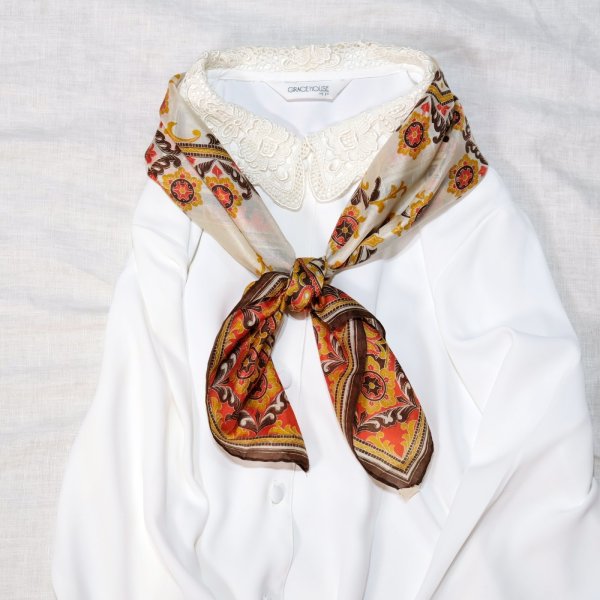 画像7: 赤×ブラウン系 エスニック インドシルク スカーフ 78cm×78cm[19885]