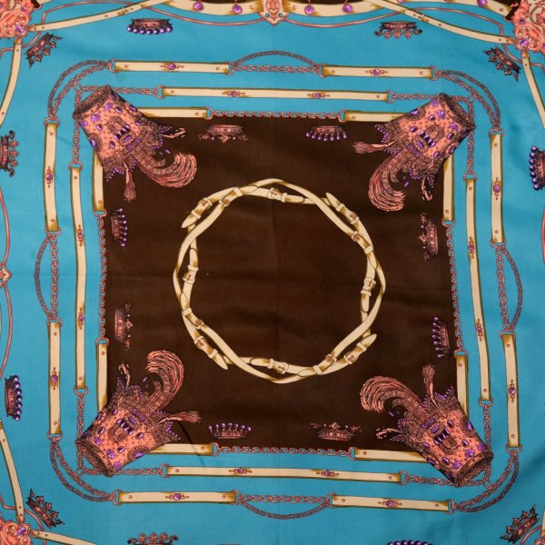 画像2: 装飾模様 ブラウン×緑系 スカーフ 105cm×105cm[19896]