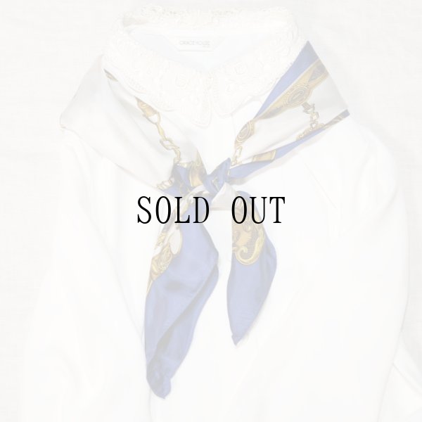 画像8: 馬車×装飾模様 ブルー シルク スカーフ 77cm×77cm[19900]