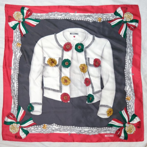 画像1: "MOSCHINO" イタリア シルク 赤系 スカーフ 87cm×87cm[19899]