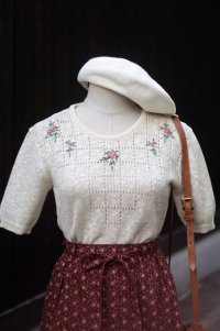 白 サマー ニット トップス お花刺繍[19881]