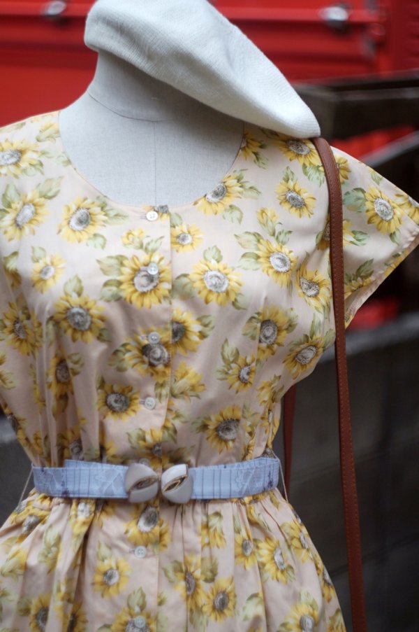 画像4: ヒマワリ柄 半袖 コットン レトロワンピース ノーカラー[19923]
