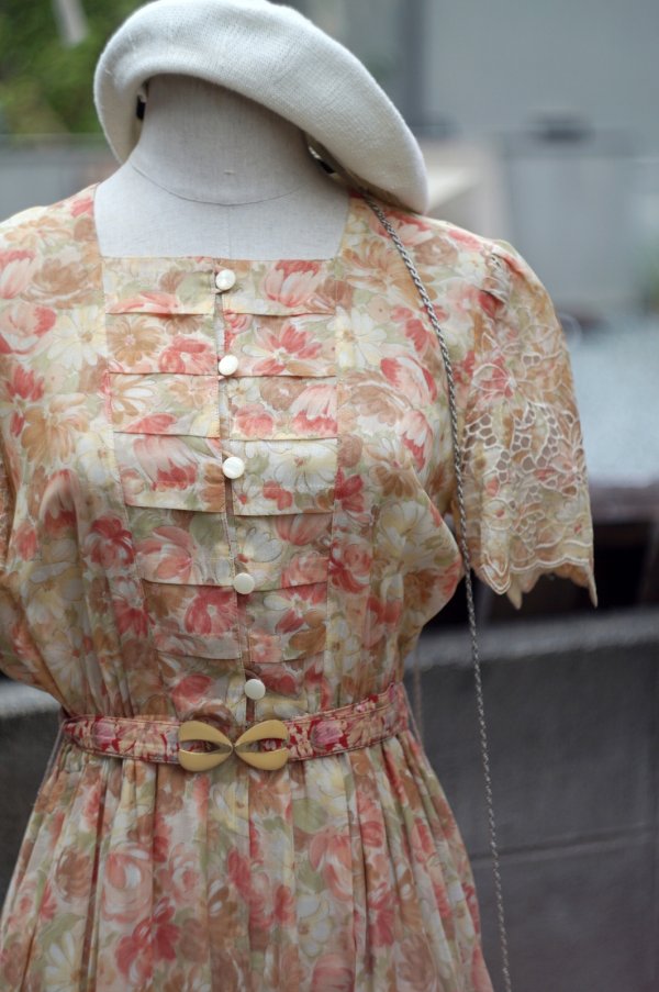 画像5: "Domino Look" 花柄 半袖 コットン レトロワンピース スクエアネック[19928]