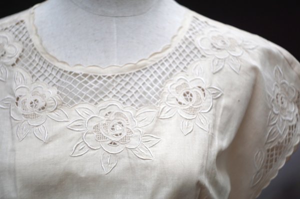 画像5: ”jeanjaures” 無地 生成 コットン 半袖 ブラウス ラウンドネック 刺繍[19936]