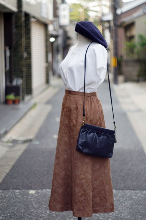 画像5: "EVAN-PICONE" ブラウン 花柄 コットン リネン スカート セミフレア 刺繍 w64~66cm[19967]