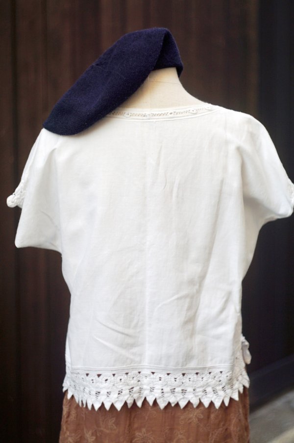 画像14: 無地 白 コットン リネン 半袖 ブラウス ラウンドネック レース[19966]