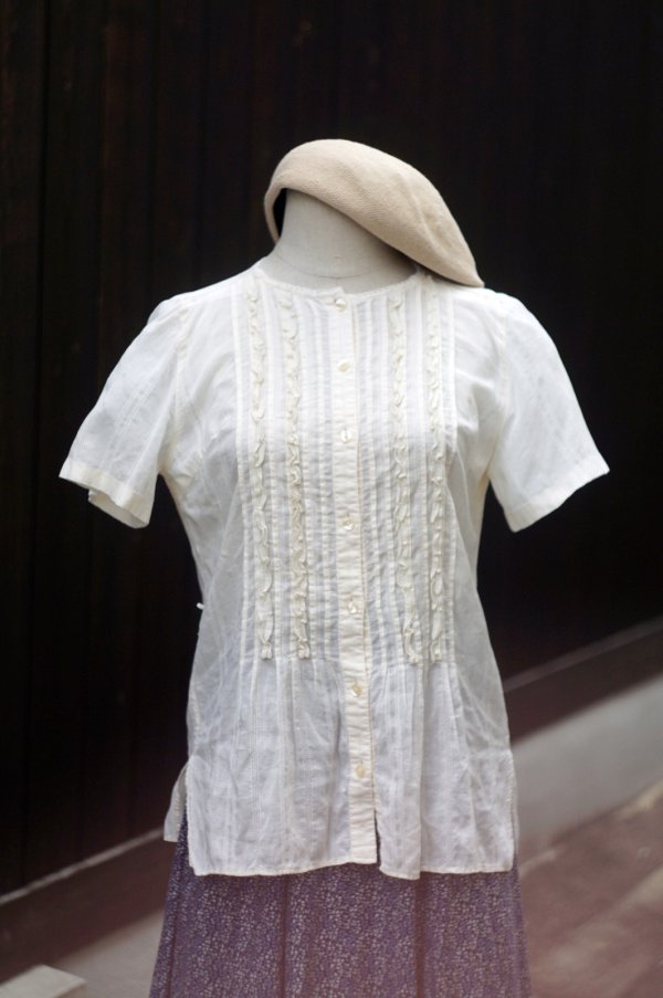 画像12: 白 半袖 コットン ブラウス ノーカラー フリル [19971]