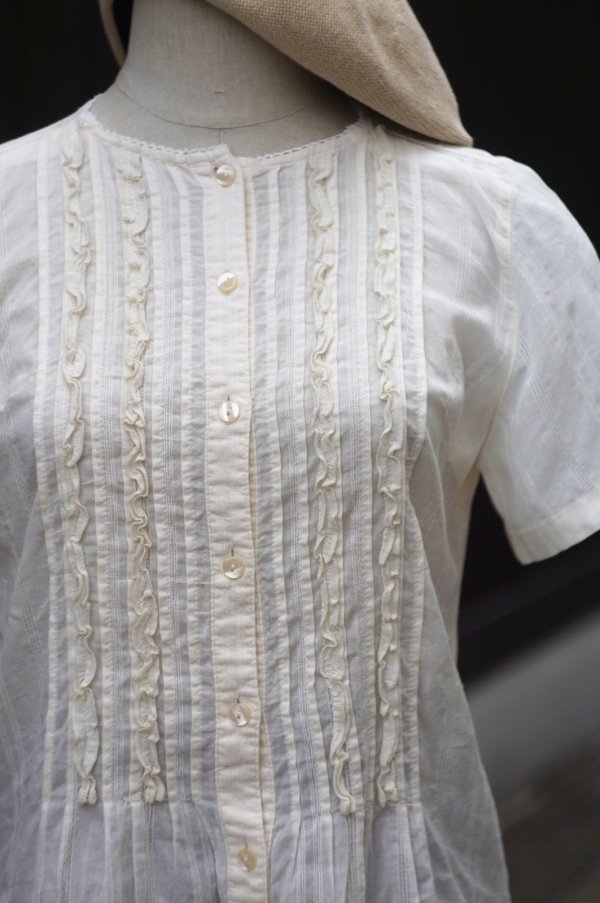 画像11: 白 半袖 コットン ブラウス ノーカラー フリル [19971]