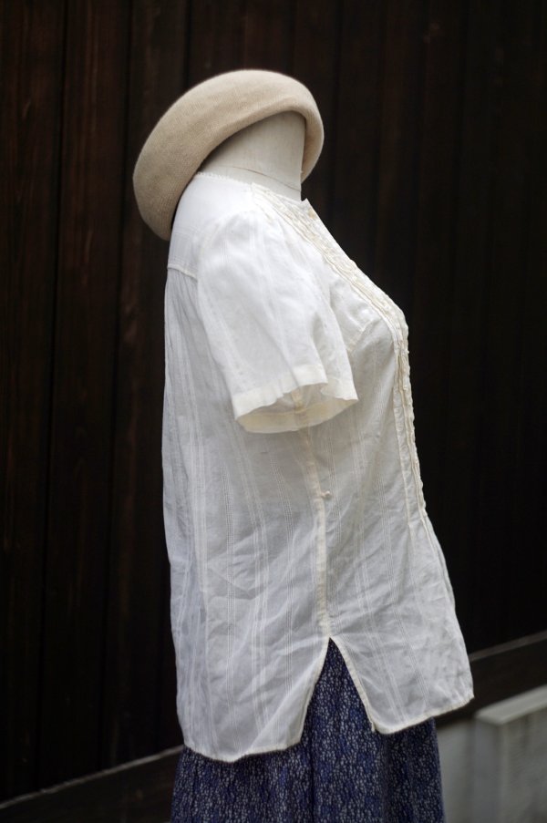 画像13: 白 半袖 コットン ブラウス ノーカラー フリル [19971]