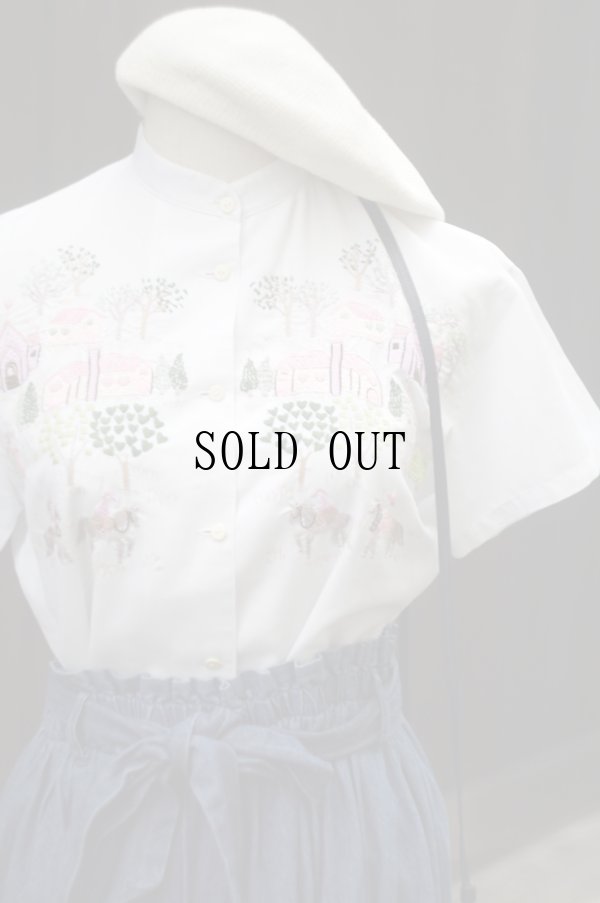 画像2: "Meriline by Nakayama fumiko" 白 麻混 ブラウス 半袖  スタンドカラー 刺繍 [19983]