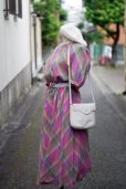 画像1: "ロンシャン merveilleuse"ピンク系 チェック柄 七分袖 レトロワンピース ノーカラー [13908] (1)