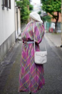 "ロンシャン merveilleuse"ピンク系 チェック柄 七分袖 レトロワンピース ノーカラー [13908]