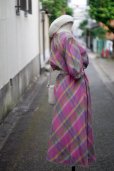 画像3: "ロンシャン merveilleuse"ピンク系 チェック柄 七分袖 レトロワンピース ノーカラー [13908]