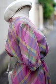 画像8: "ロンシャン merveilleuse"ピンク系 チェック柄 七分袖 レトロワンピース ノーカラー [13908]
